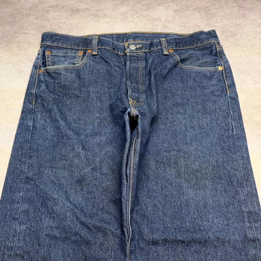 Levi's 501 Original Fit Jeans Mens 38x30 Dark Wash Blue Straight Leg Distressed - Picture 2 of 12